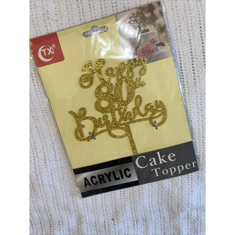 80th Birthday Cake Topper Double Side Glitter Gold Birthday Decorations NEW